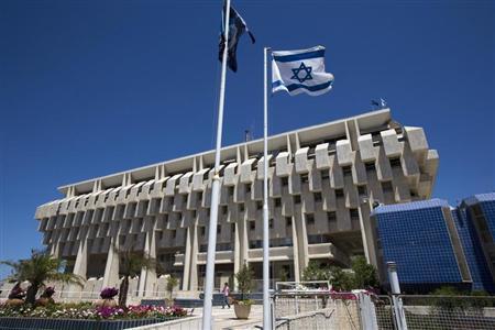 An Israeli flag flutters outside the Bank of Israel building in Jerusalem
