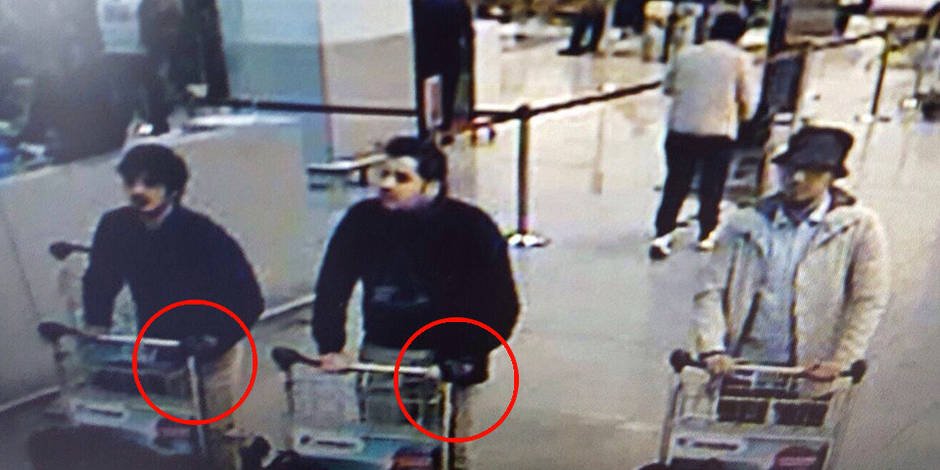A picture taken off CCTV purporting to show suspects in the Brussels airport attack on March 22, 2016. (Twitter)