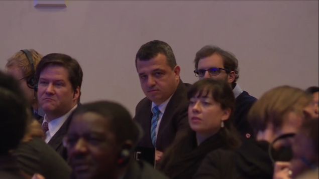Israel's ambassador to UNESCO, Carmel Shama-Hacohen watches on as the World Heritage Committee votes on a resolution ignoring Jewish and Christian ties to Jerusalem's Old City in Paris, October 26, 2016 (screen shot UNESCO website)