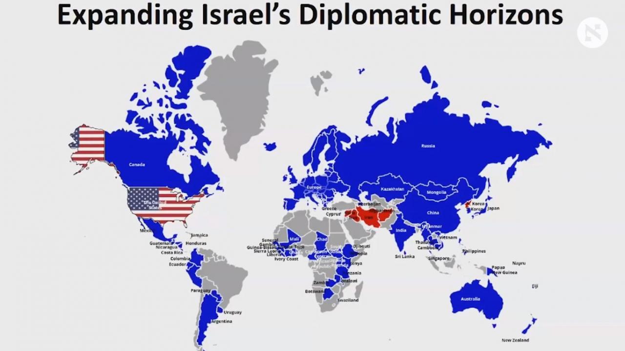 “Estamos pintando el mundo de azul” dijo el Primer Ministro Netanyahu, mientras mostraba esta representación en su discurso en AIPAC-2018